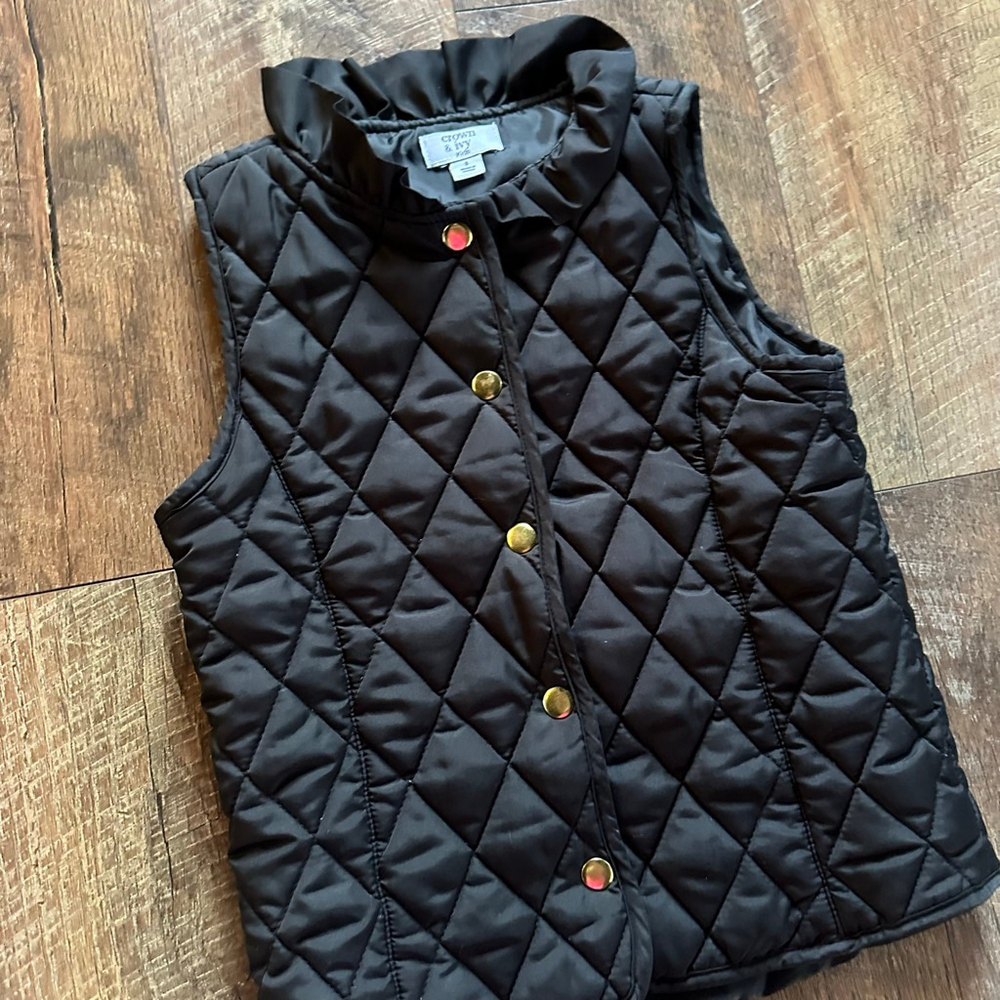 Girls Crown & Ivy Black Quilted Vest S with Gold Buttons